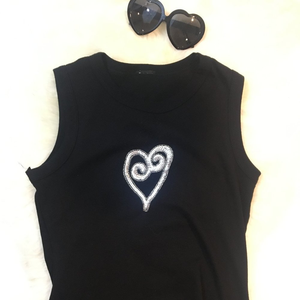 Black Silver Sequins HEART Tee T-Shirt